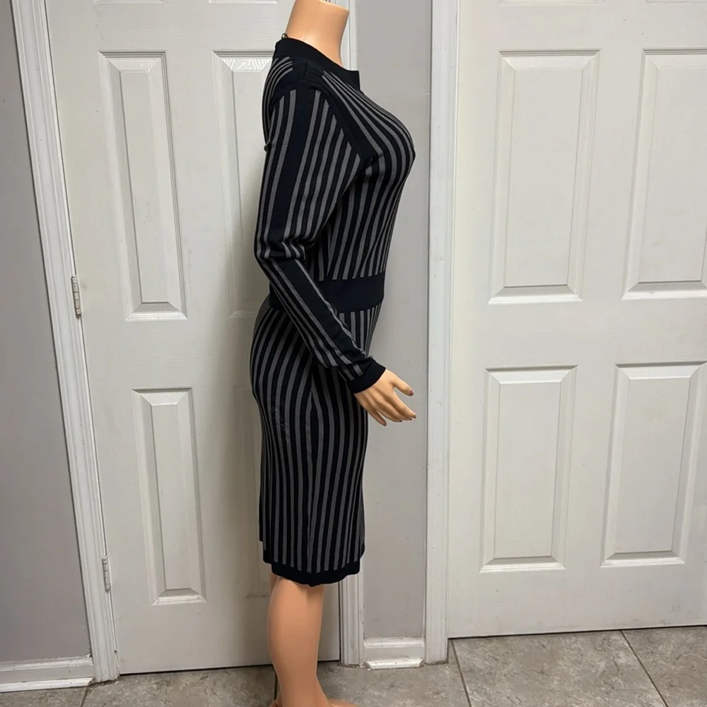 Y.A.S. Long Sleeve, Ribbed Knit Dress with Black and Grey Eegant Striped Dress - Picture 5 of 16